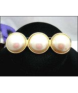 3 BIG GLASS Faux Pearls BROOCH Vintage PIN  Three in Row GOLDTONE 3 1/4&quot; - £10.19 GBP