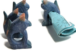 Carved Wood Napkin Holder Rings Dinning Table Decor Blue Kitty Cats 4 - £18.53 GBP