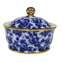 Vintage Royal Danube Calico Flow Cobalt Blue Roses Sugar Bowl Candy Dish... - $43.36