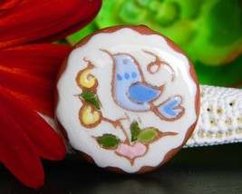 Vintage Pottery Clay Pin Brooch Bird Flower Handpainted 1984 Signed JE - $18.95