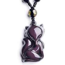 FOX Natural Stone Black Obsidian Crystal Peaceful Love Powerful Amulet Pendant - £19.74 GBP