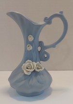 Vtg 8&quot; Lefton Blue Jasperware Bud Vase Applied White Roses - £13.92 GBP