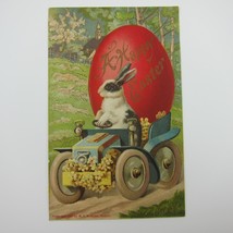 Easter Postcard Rabbit Drives Blue Old Car Red Egg Flowers Embossed Antique 1907 - £7.85 GBP