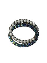 Vintage Oval Rhinestone Brooch Blue Aurora Borealis White Milk Glass Pin - $19.80