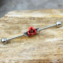 316L Stainless Steel Red Rose Industrial Barbell - $19.45