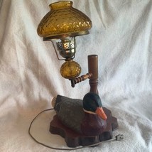Vintage Antique Duck Decoy Lamp Amber Glass Shade Globe Hurricane Wood Base MCM - £96.87 GBP