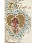 Vintage Postcard Valentine Pretty Woman Gold Heart Forget Me Not Flowers - $8.90