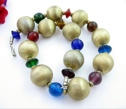 HUGE Chunky Goldtone BALL BEADED Colorful BEAD NECKLACE Vintage 21&quot; Length - £13.58 GBP