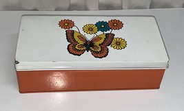 VINTAGE METAL TIN RECIPE BOX Orange 70’s Flowers &amp; Butterfly Rectangle - £7.58 GBP