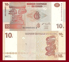 Congo P93b, 10 Francs, chief Luba headrest / carved figure, okapi w/m, 2... - $1.94