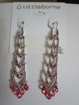 Liz Claiborne Vintage Long 2.5&quot; Dangle Earrings, Pink / Silver Tone, New - $5.49