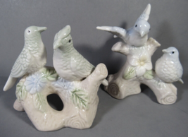 Two VINTAGE Porcelain Birds on Logs with Flowers Pastel Colors Figurines 3.5&quot;. - £14.25 GBP