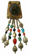 Vintage Brass &amp; Stone Dangle Tassel Brooch Pin Marked India Semi Preciou... - $28.00