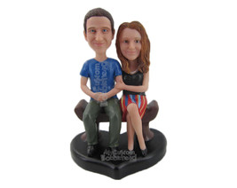 Custom Bobblehead Couple Sitting On Bench Wearing Casual Outfit Ready For A Pict - £182.26 GBP