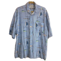 Columbia Shirt Men&#39;s Large Button Down Fish Pattern Blue Green Short Sleeve - £9.57 GBP