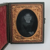 Ambrotype Photo Woman Sits Chair Hair Bonnet Union Case Gold Frame Antique 1850s - £47.12 GBP