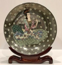 Large Vintage Marked Chinese Porcelain Plate on Wood Stand Woman Smoking... - $345.51