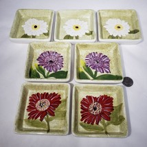 Set of 7 Hand Painted Square Oil Dipping Dishes White Purple Red Flowers - £23.55 GBP