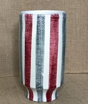 Italy Art Pottery Red White Gray Striped Cylinder Vase Numbered 30/3 - $51.48