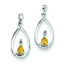 Sterling Silver Rhodium Plated Pear Citrine &amp; Diamond Post Earrings Jewerly - £36.98 GBP