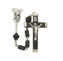 Black Wood Beads And Madonna &amp; Baby Center Rosary Crucifix Cross Necklace - £40.30 GBP