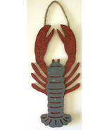 Lobster Sign Plaque 16x8&quot; Wooden Cut Out Red Gray Summer Beach House BBQ - £34.74 GBP