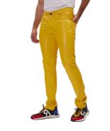 Men Leather Pants Yellow Trousers Slim Fit Biker Men&#39;s Jeans Style Pant ... - $161.21 CAD