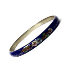 Vintage Blue Floral Cloisonne Thin Bangle Bracelet  - $13.00