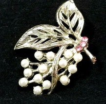 Beautiful Rhinestone Brooch Silver Tone Faux Pearl Pink Leaf Berries Fab Euc A3 - £16.99 GBP