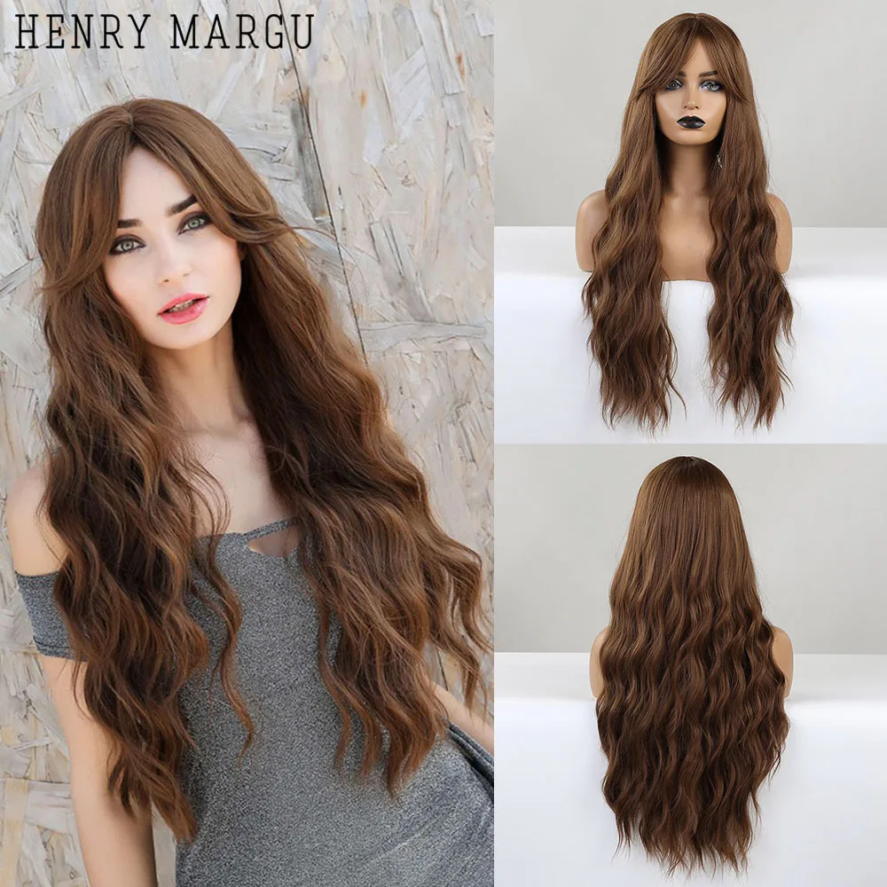 HENRY MARGU Long Brown Wavy Synthetic Wigs with Bangs Natural Water Wave Hai - £12.57 GBP+