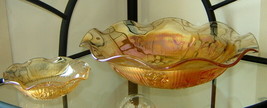 Gorgeous Carnival Glass Opalescent Peach Wavy Edged Floral Starburst Bowl &amp; Dish - £15.63 GBP