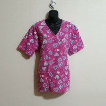 Carol&#39;s Scrubs Women&#39;s Uniform Mock Wrap Top Pink Hearts Size M 8-10 Valentine - £6.70 GBP