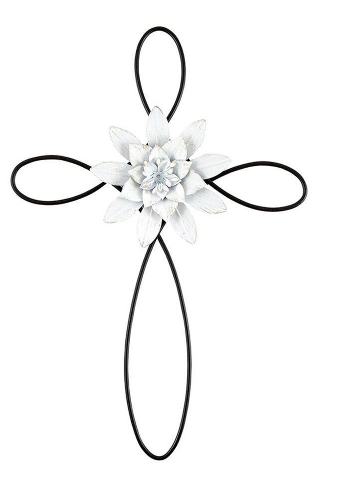 Iron Decorative with White Metal Flower in the Center Wall Cross, New #AB-214