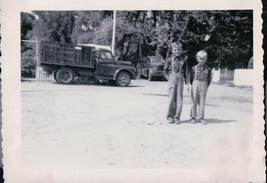 Vintage Two Young Farmers Surrounded By Trucks Grand Rapids MI 1950 Snapshot  - £5.58 GBP