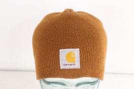 Vintage Carhartt Spell Out Box Logo Ribbed Knit Winter Beanie Hat Cap Brown USA - £27.65 GBP