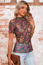 Rose Flower Mesh Stand Neck Short Sleeve Blouse - $117.16 MXN