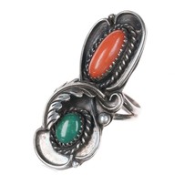 sz6.25 Bernice Bonney Navajo silver long ring with nice turquoise and coral - $163.35