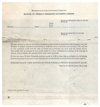 Met Life Insurance Credit Dividend Credit Form 1959 - £11.66 GBP