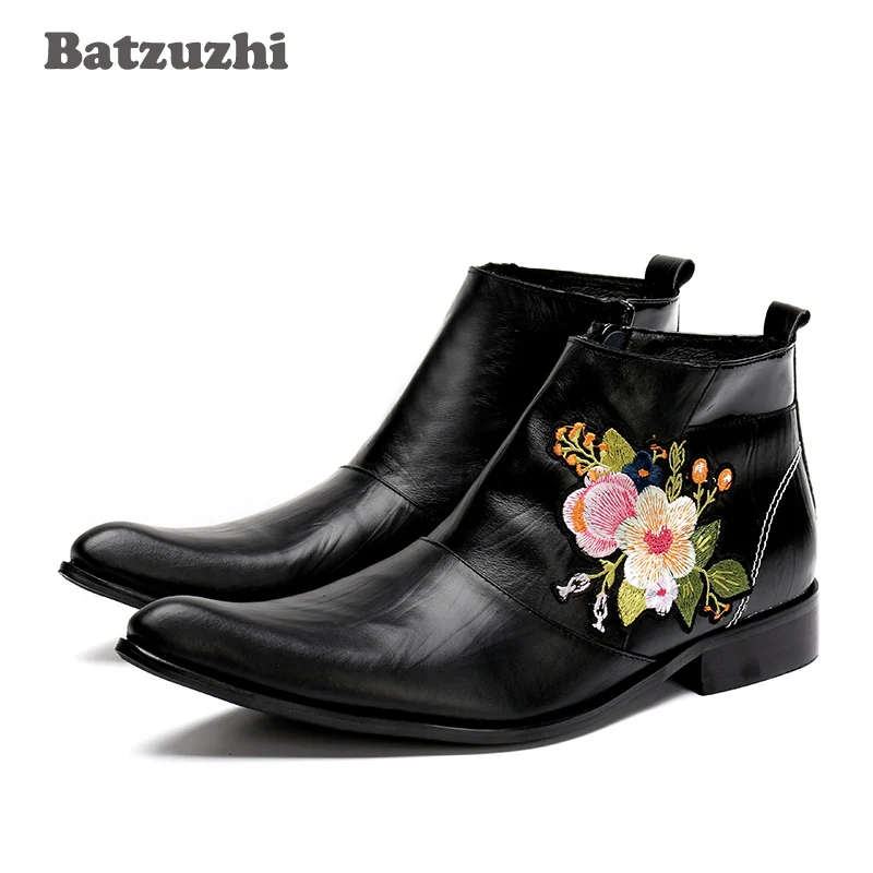 Batzuzhi New Western boy Boot Men Black Leather Boots for Men with Embroidery Fl - £308.35 GBP