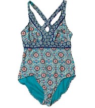 Catalina One Piece Swimsuit Large 12-14 Floral Teal Coral Pink Cross Back Lined - $21.77