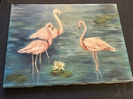 Vintage oil painting naive pink flamingos 1980s by Eleanor Beaufait Vick... - £72.24 GBP