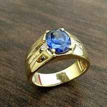 3.5Ct Oval Tanzanite Solitaire Men&#39;s Statement Ring 14k Yellow Gold FN - £80.86 GBP