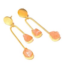 Rough Rose Quartz Natural Gemstone Gold Plated Handmade Drop Dangle Earrings - £15.68 GBP