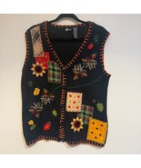 Holiday Editions Fall Patchwork Knit Vest Medium Black Leaves Sunflowers - €24,12 EUR