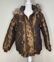 Vintage At Ease Hooded winter Puffer Jacket Parka Fox Hair M Metallic HG - £31.53 GBP