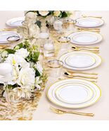 300 Pc White Gold Plastic Dinnerware Set for 50 – Plates, Cups &amp; Cutlery - $29.95
