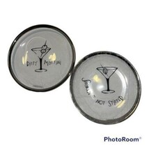 2 Clear Glass Barware Plates Silver Rim Graphic MCM Cocktails Martini Ap... - $12.84