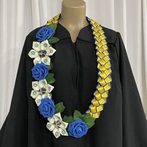 Graduation Money Lei Flower Crisp Bills Blue &amp; Yellow Gold Four Braided Ribbons - £58.66 GBP