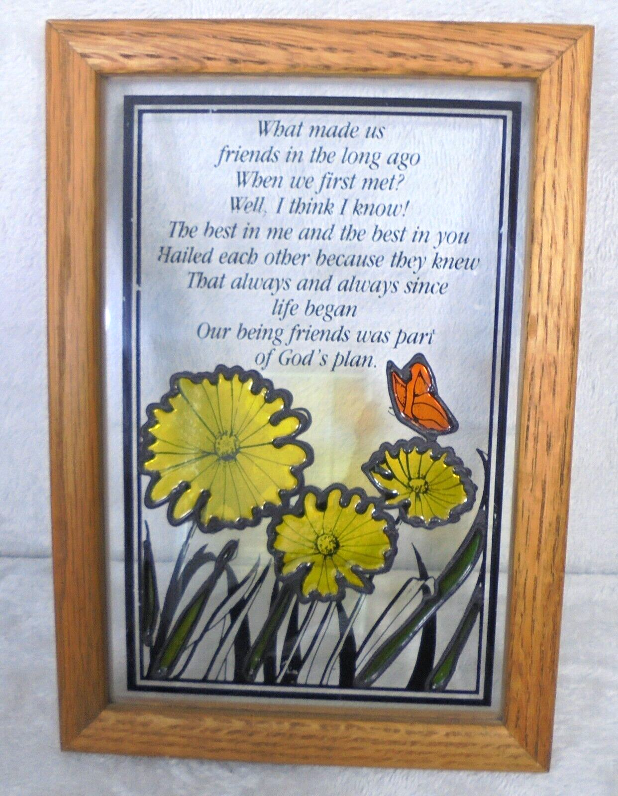 Primary image for Vintage 70s Stained Glass Flower Butterfly Picture Wood Frame Wall Art MCM Decor