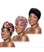 3 Pieces African Turban for Women Knot Pre-Tied Bonnet Beanie Cap Headwrap - $25.33 CAD
